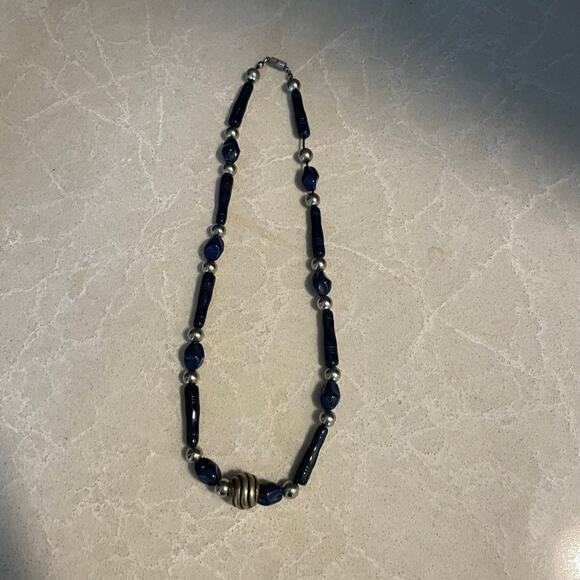 vintage cobalt blue and silver beaded necklace screw on back statement piece - Picture 4 of 12